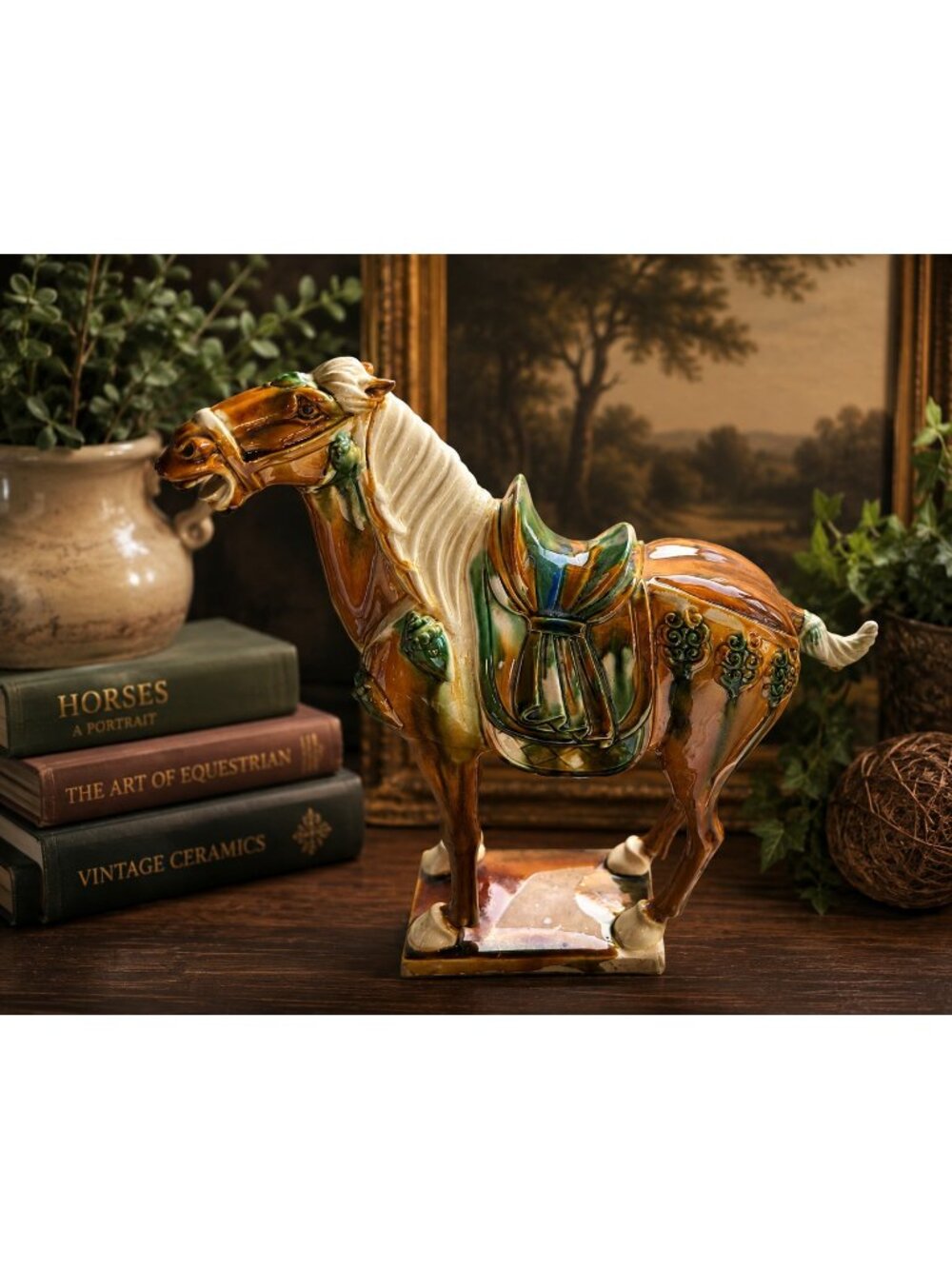 Vintage Majolica Style Ceramic Horse Figurine Glazed Equestrian Saddle Statue